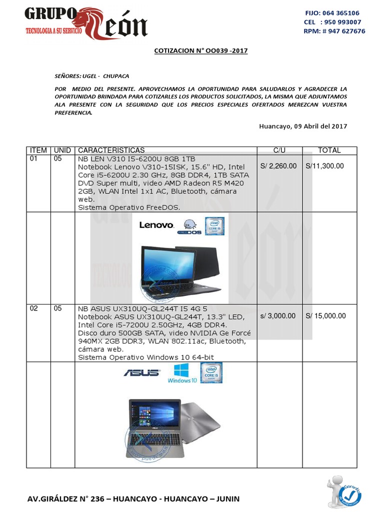 Cotizacion Laptops | PDF | Hardware de la computadora | Microcomputadoras