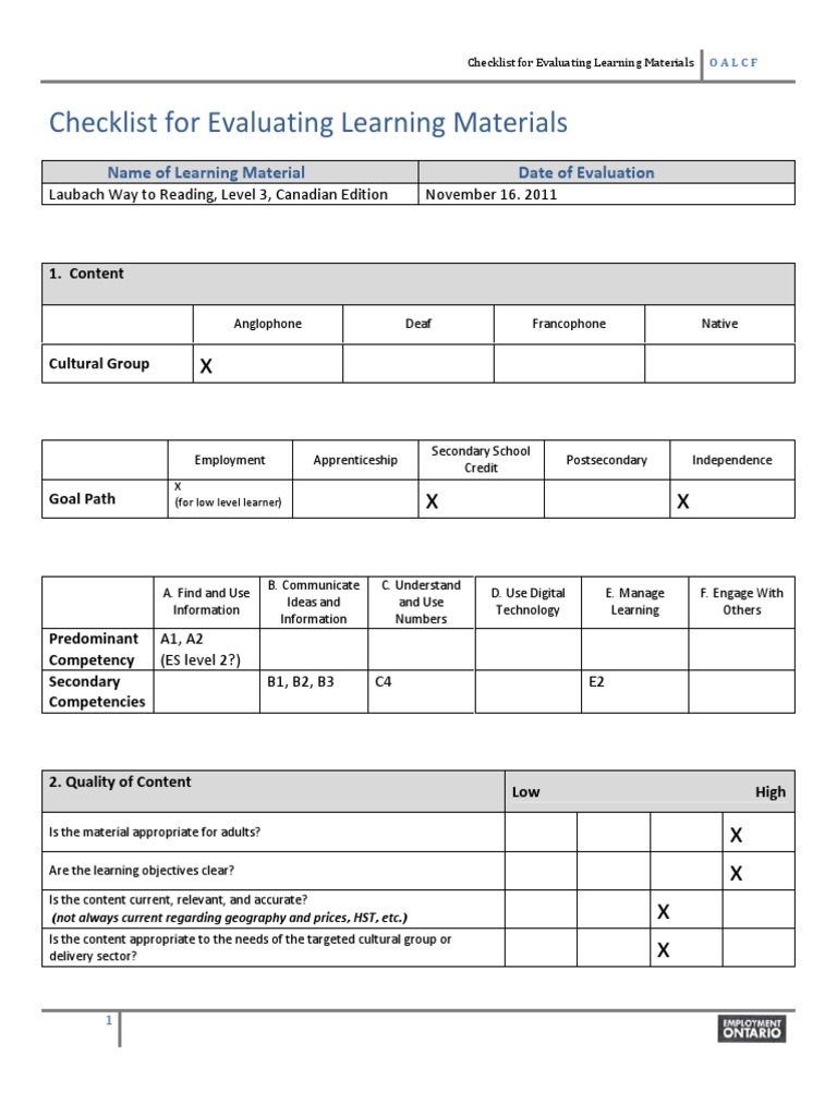 OALCF Checklist For Evaluating Learning Materials LWR 3 PDF Tutor