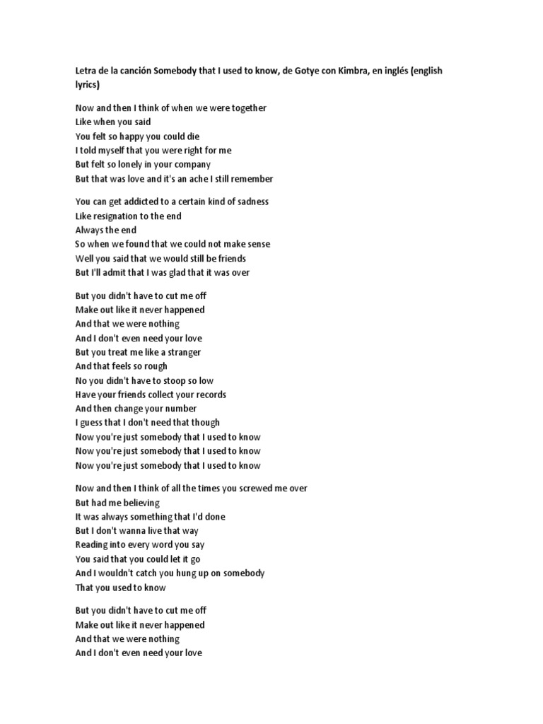 Letra de La Canción Somebody That I Used To Know PDF Leisure Entertainment (General)