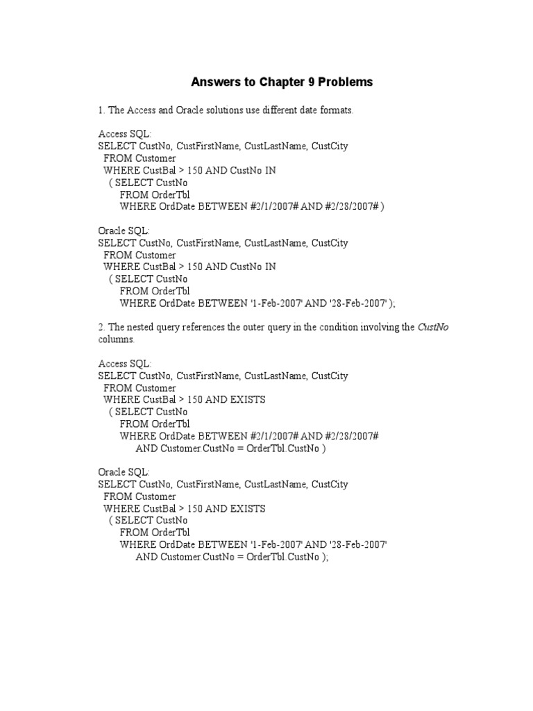 Chapter 9 SQL Problem Solutions | PDF | Information Technology ...