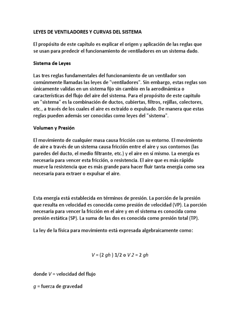 Leyes de Ventiladores y Curvas Del Sistema PDF Presión Movimiento (física)