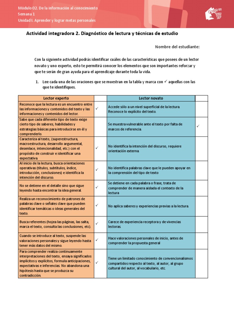 Ejemplo de diagnostico de lectura y tecnicas de estudio