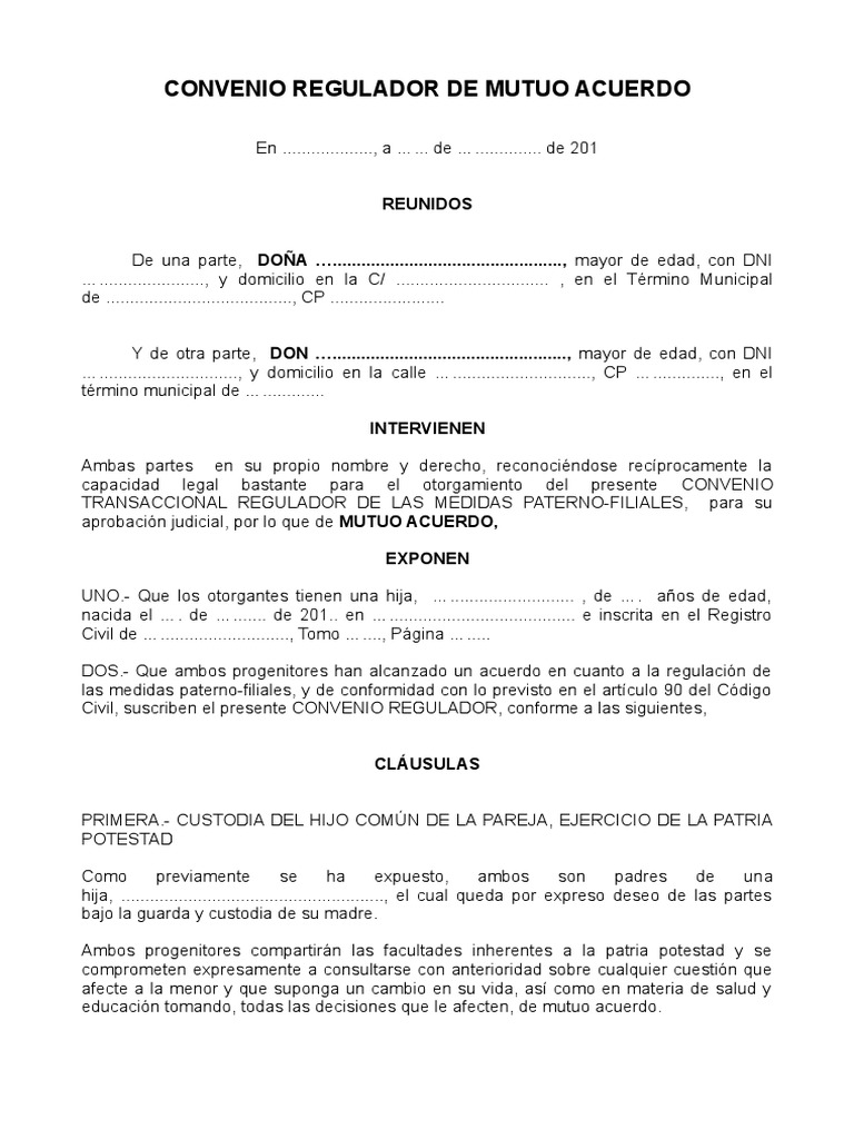 Modelo Convenio Regulador Medidas Paterno Filiales | PDF