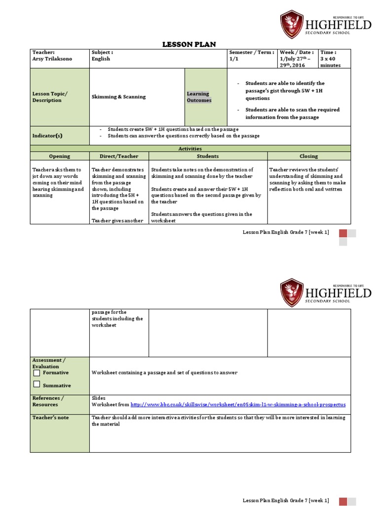 Lesson Plan - Grade 7 - Week 1 | PDF | Lesson Plan | Educational Assessment