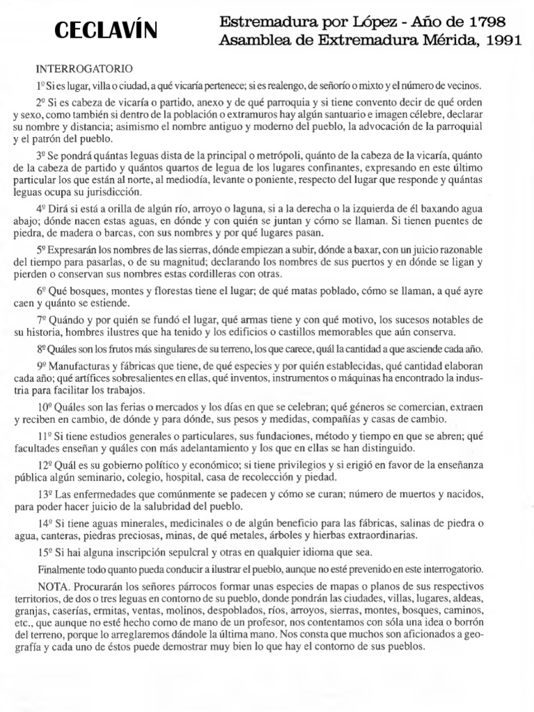CECLAVÍN en El Interrogatorio de Thomás López de 1798 - La Provincia de  Extremadura en El Siglo XVIII | PDF