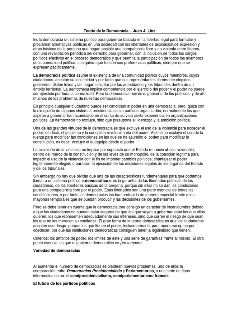 Teoría de La Democracia - Linz | PDF | Formas de gobierno | Democracia