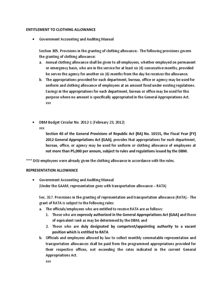 Entitlement to Clothing Allowance | Appropriations Bill (United States