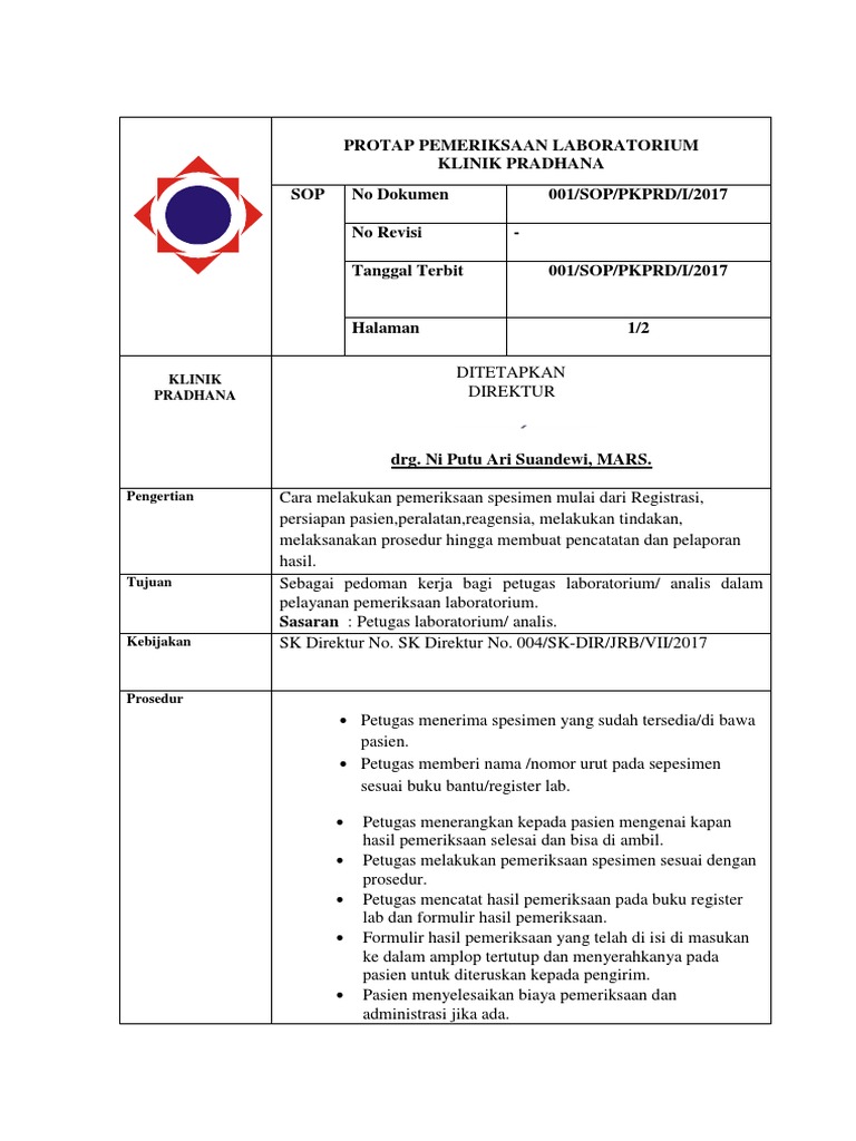 SOP Pemeriksaan Laboratorium Klinik Pradhana | PDF