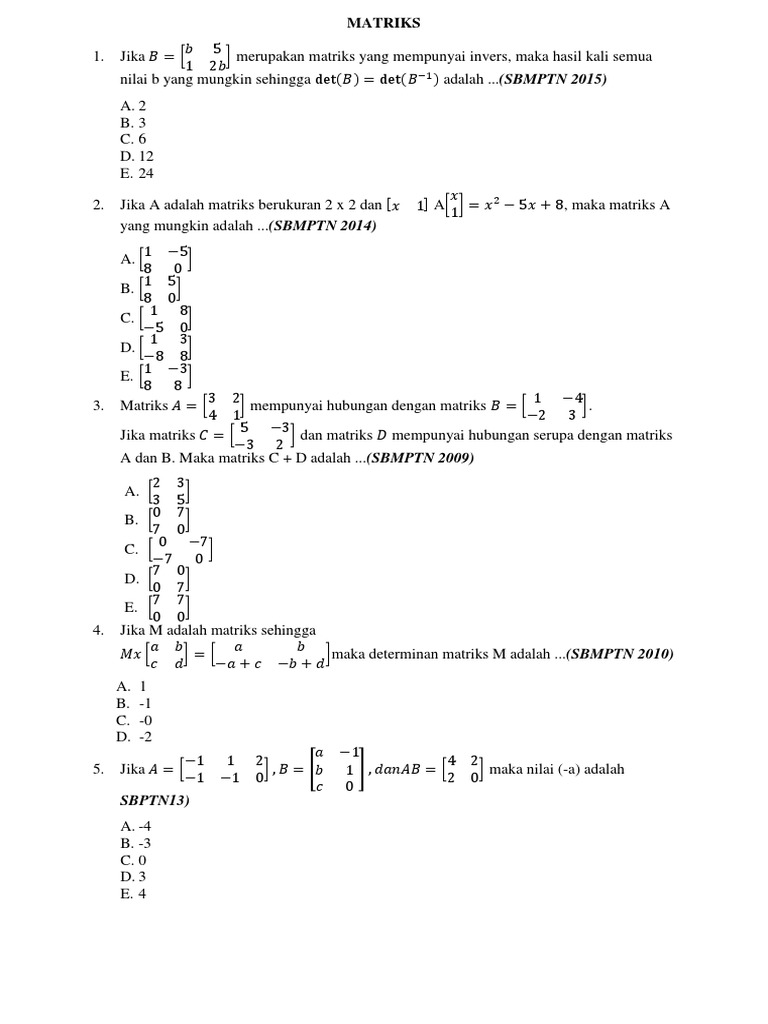 Kumpulan Soal Snmptn Sbmptn Materi Matriks
