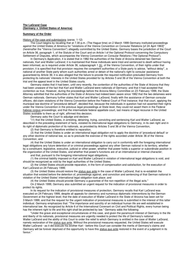 LaGrand Case: Germany vs. USA Summary | PDF | United Nations Security ...