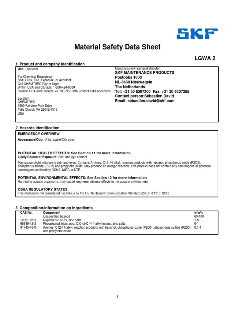 Skf Grease LGWA 2 Phosphorus Water
