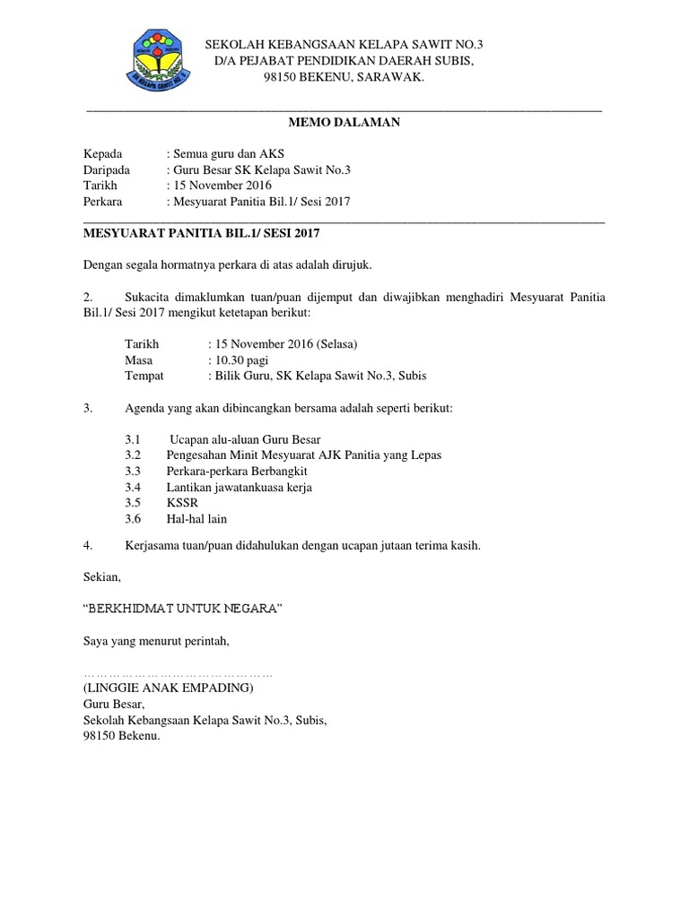 Contoh Surat Panggil Mesyuarat