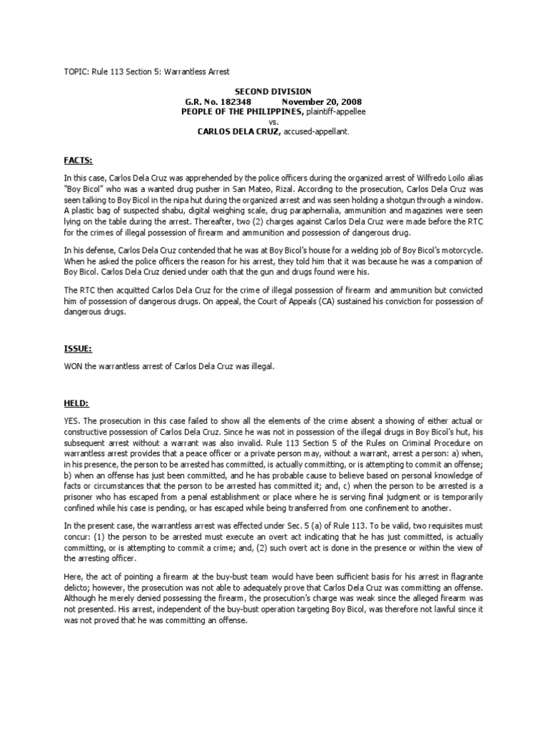 Crimpro rule 113 section 5 people vs dela cruz pdf arrest