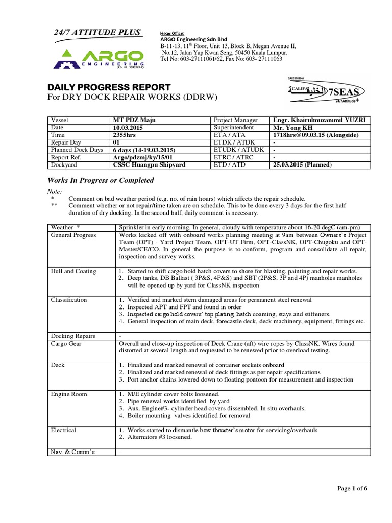Daily Dry Dock Progress Report | PDF | Shipping | Shipbuilding