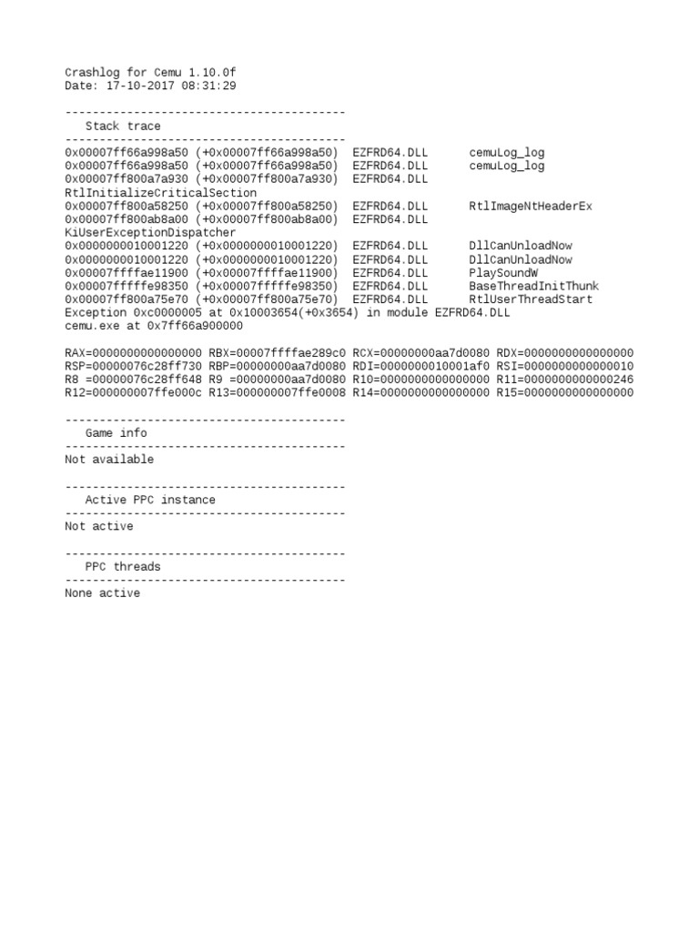 Cemu 1.10.0f Crash Log Analysis | PDF