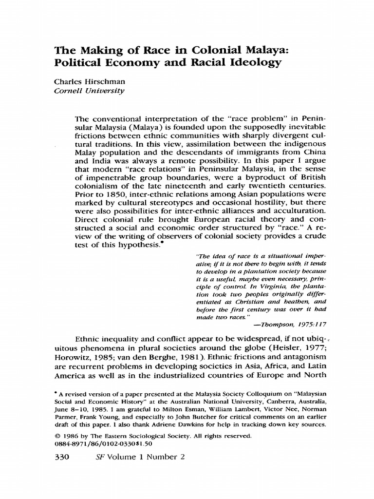 The Making of Race in Colonial Malaya-Political Economy and Racial ...