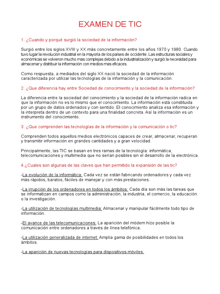 Examen de Tic Resouestas Finales 1 | PDF | Tecnología de información y ...