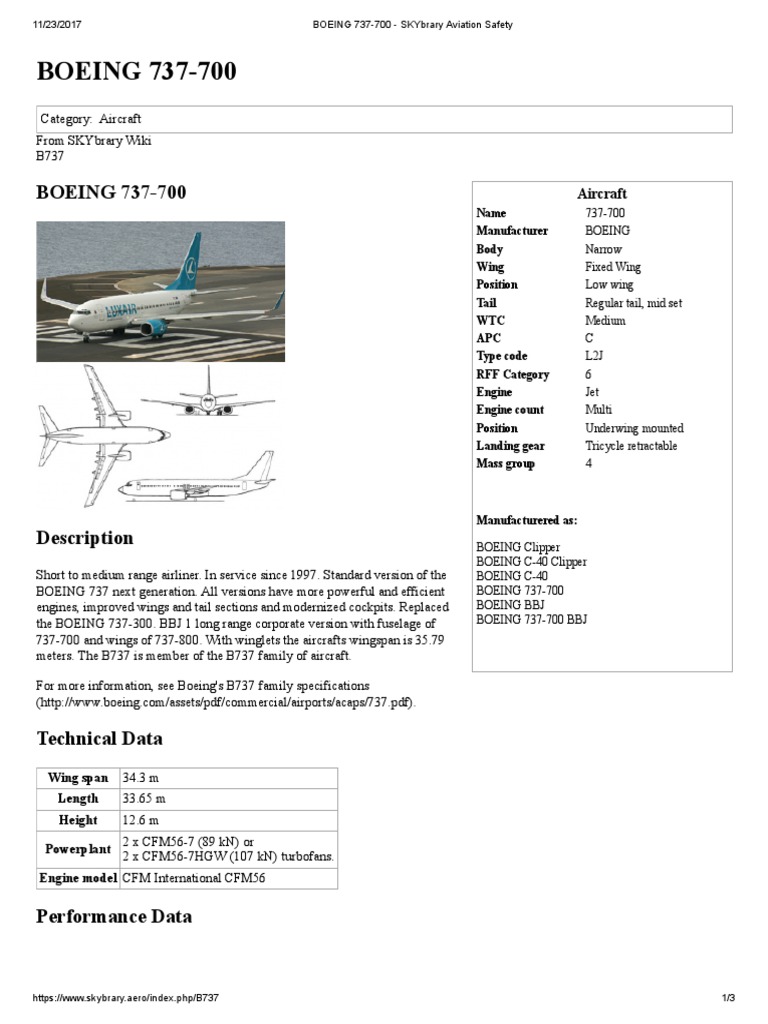 Boeing 737 700 Skybrary Aviation Safety Air Traffic Control Industries