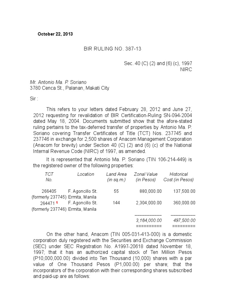 Bir Ruling 387-13 Anacom Management Corporation | PDF | Cost Basis | Stocks