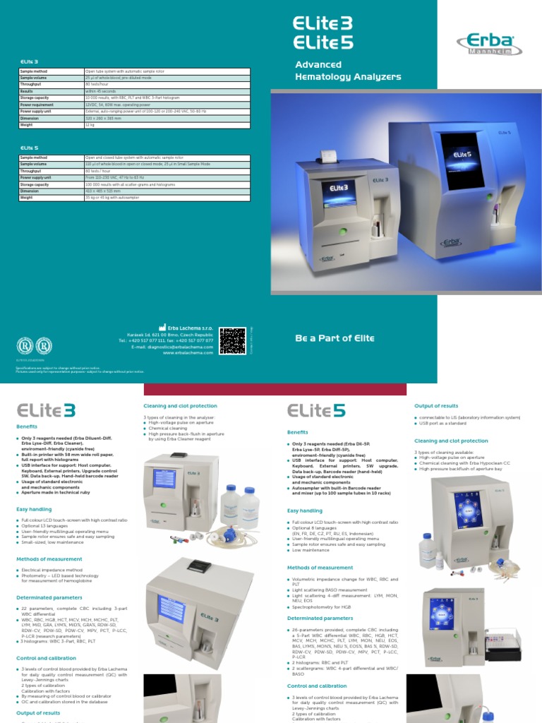 Specifications and Features of the Erba ELITE3 and ELITE5 Hematology