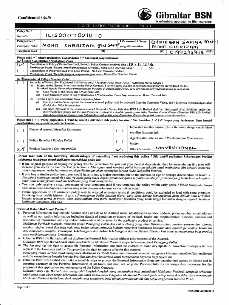 Cancellation Surrender of Policy | PDF