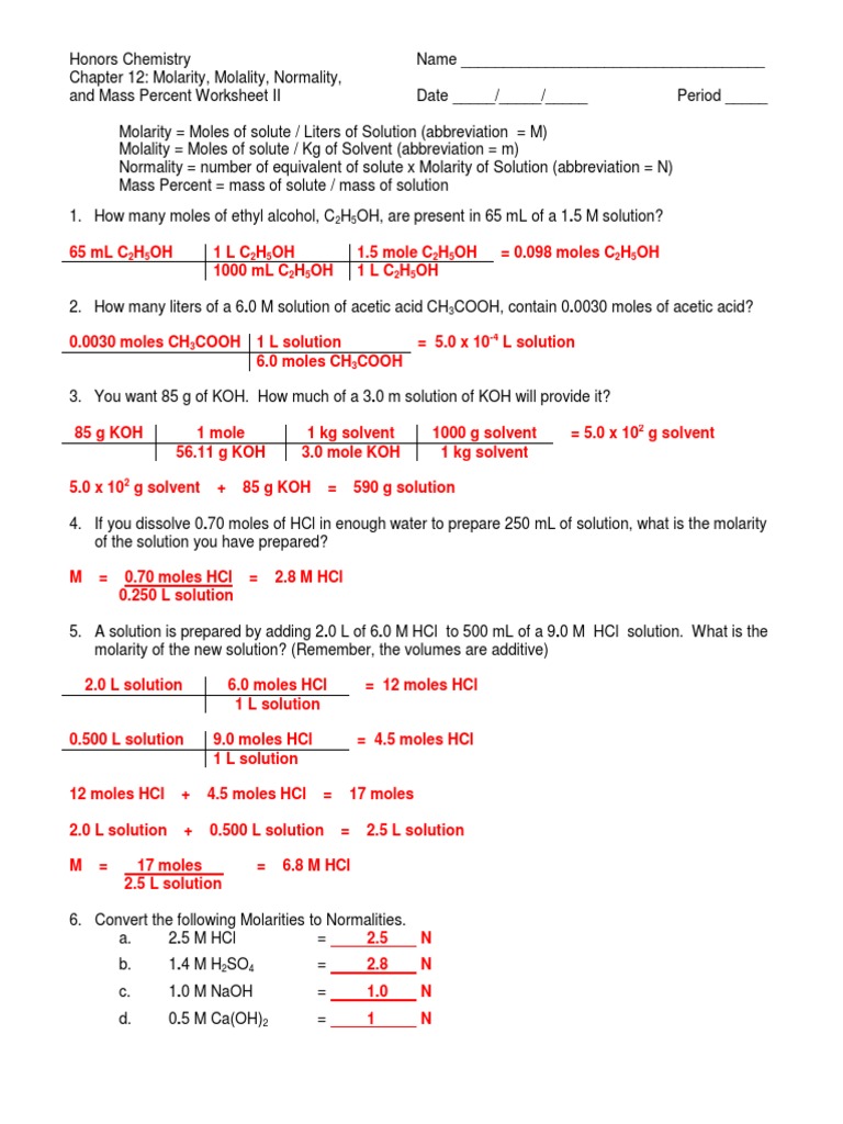 Molarity Worksheet Answer Key