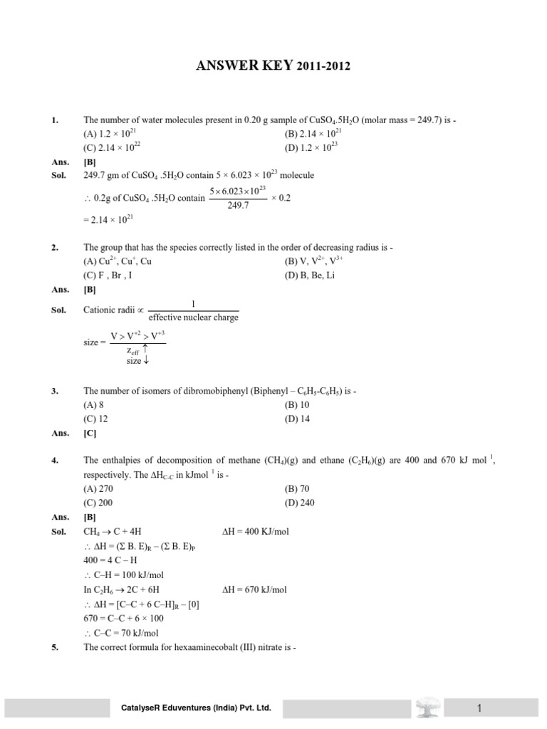 (Test - 5) NSEC-Solved-Paper-2011 ANSWERKEY PDF | PDF | Chemical Bond ...