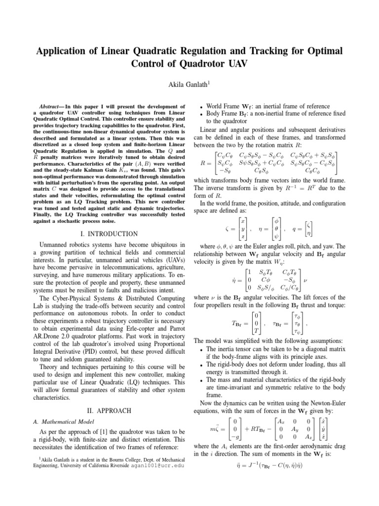 Optimal Quadrotor UAV Control | PDF | Kalman Filter | Control Theory
