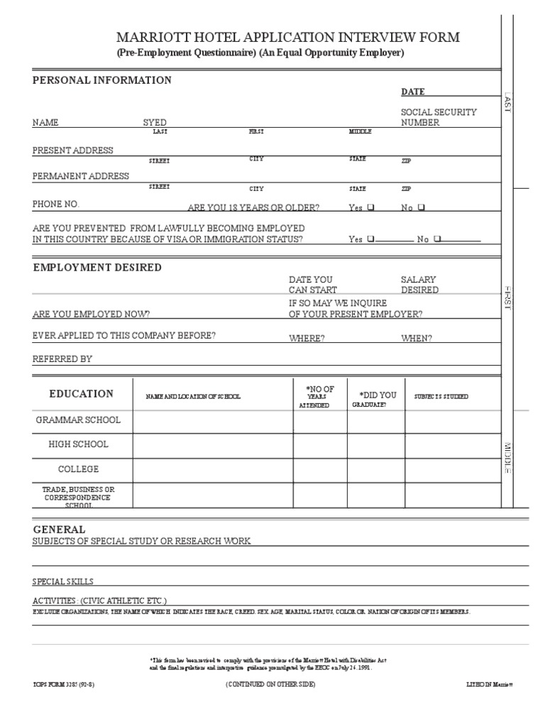 Marriott Hotel Job Application Form | PDF | Employment Discrimination ...