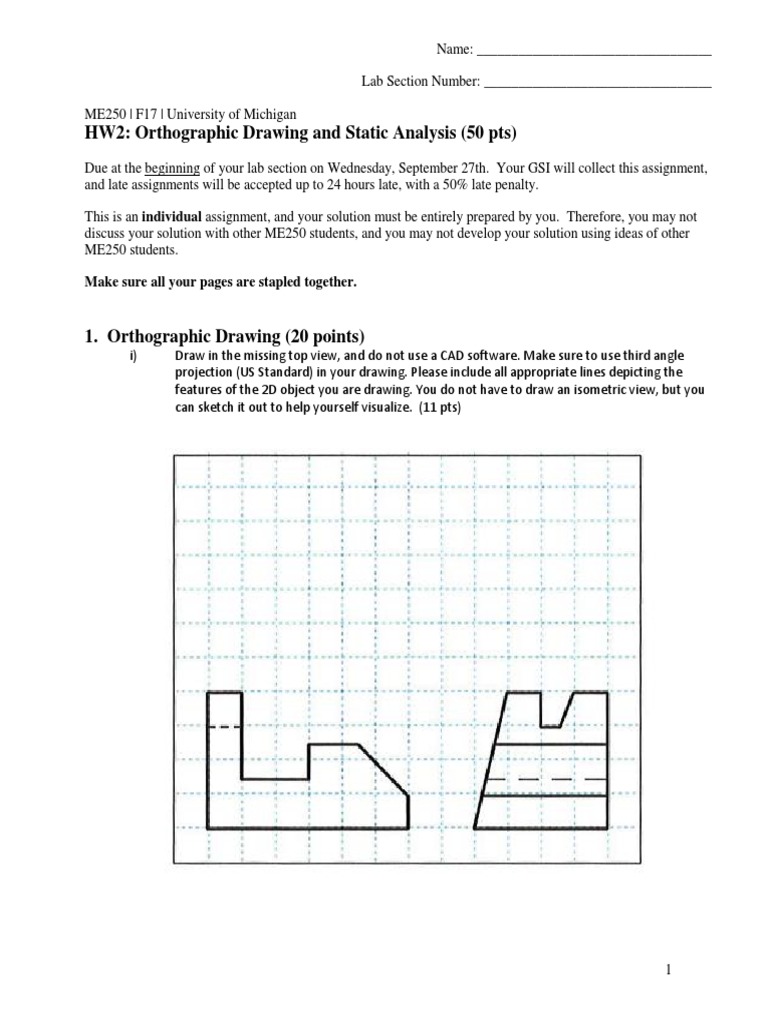ME250 F17 HW2 Orthographic Drawings and Analysis | PDF | Mechanics ...