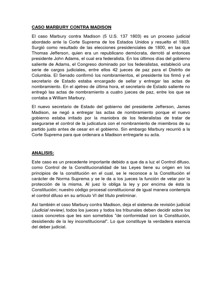Caso Marbury Contra Madison PDF Marbury V. Madison Ley constitucional