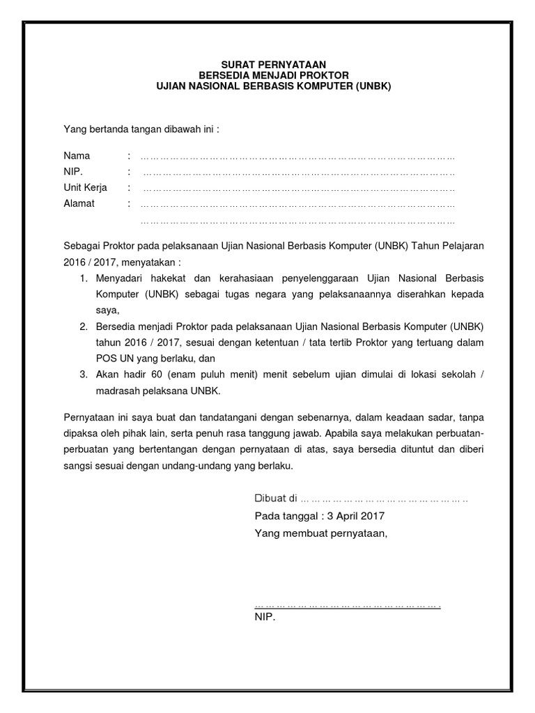 Surat Pernyataan Bersedia Menjadi Proktor Docx 2