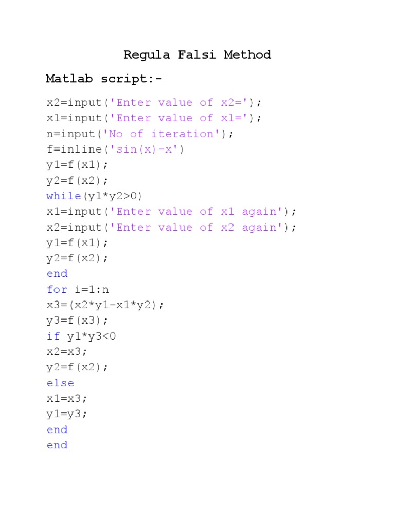 Regula Falsi Method Matlab Script | PDF