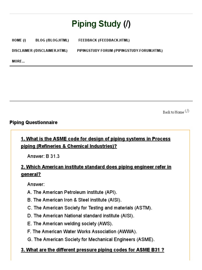 Piping Questionnaire Piping Study PDF Pipe (Fluid Conveyance) Valve
