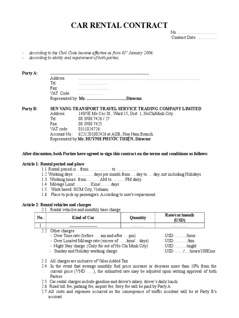 Long Term Car Rental Contract PDF Fee Ho Chi Minh City
