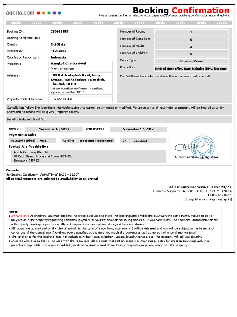 Confirmation For Booking ID # 237661189 Check-In November 16 2017 | PDF ...