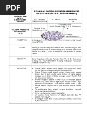 Spo Pengisian Formulir Ringkasan Masuk Dan Keluar Resume Medis Pdf