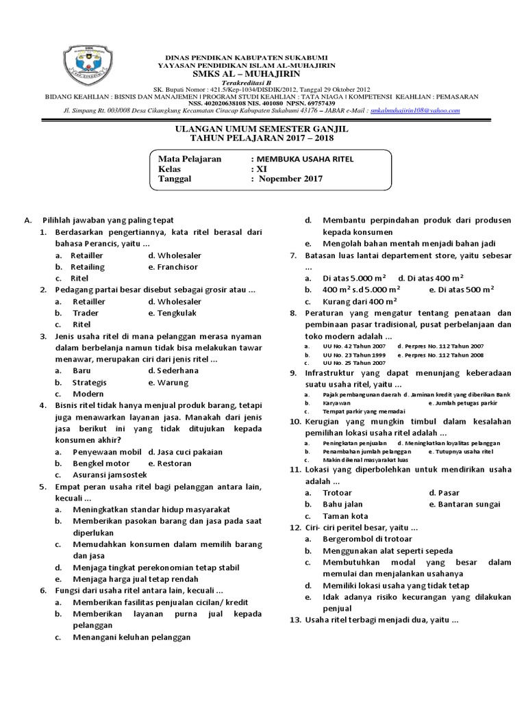 Soal Soal Pilihan Ganda Ritel Kls 11 Semester 2