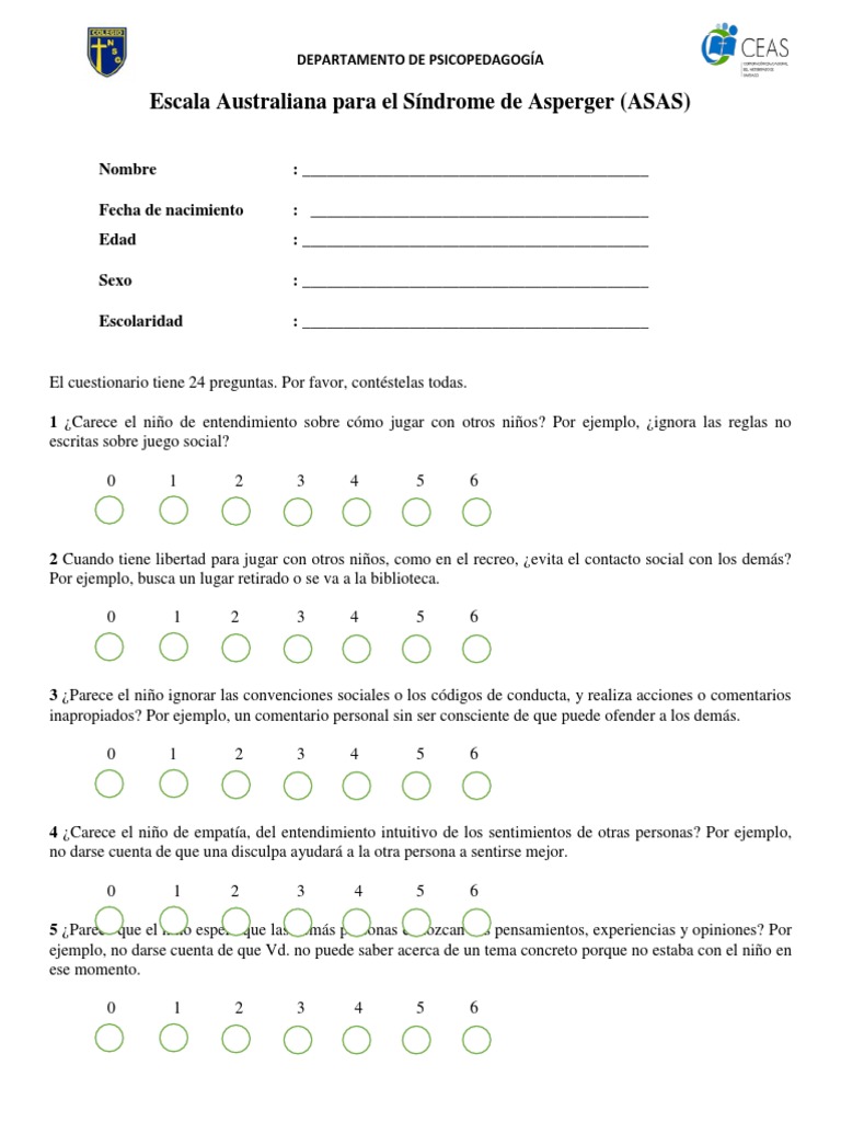 Escala ASAS para Diagnóstico de Autismo | PDF | Síndrome de Asperger ...