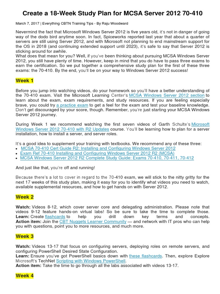 Create A 18 Week Study Plan For Mcsa Server 12 70 410 Pdf Hyper V Active Directory
