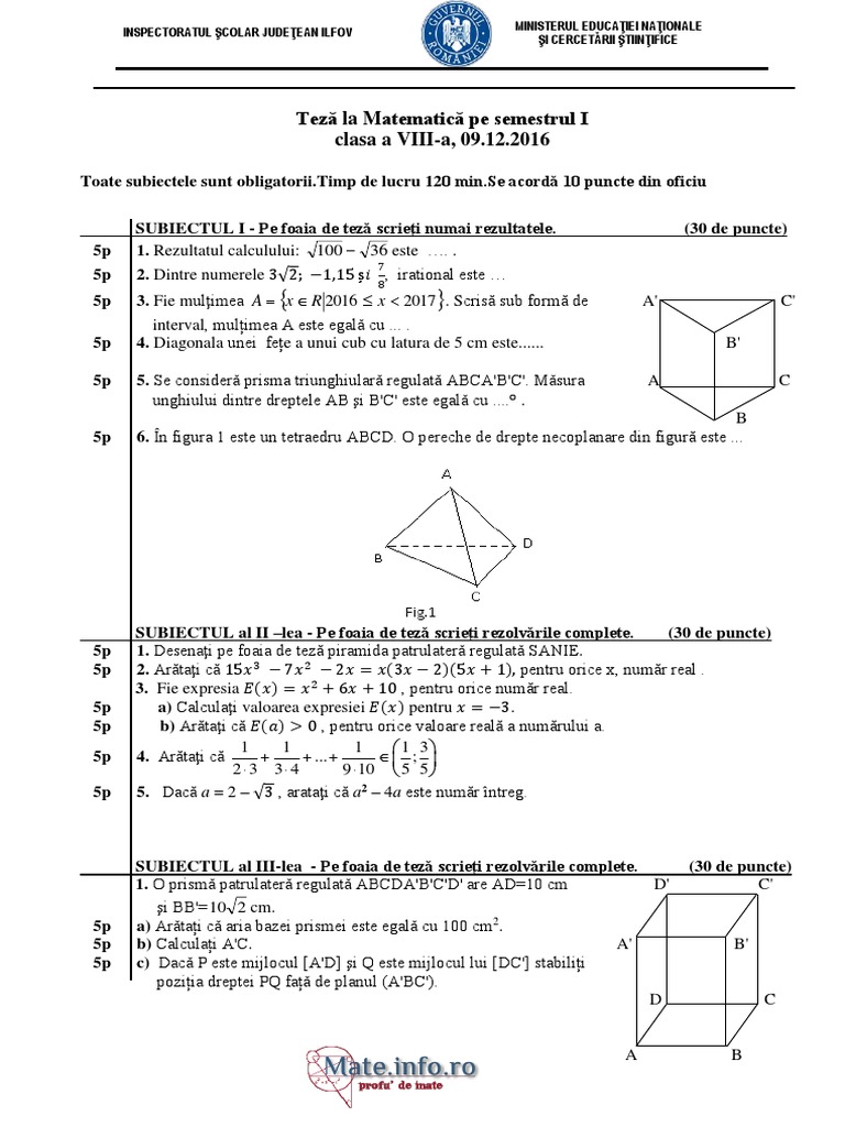 Teza Matematica Clasa 8 Sem 1