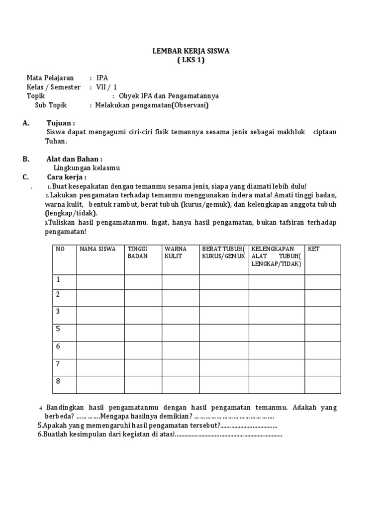 Contoh Lembar Kegiatan Siswa Lks Ipa Klas Vii SMP | PDF