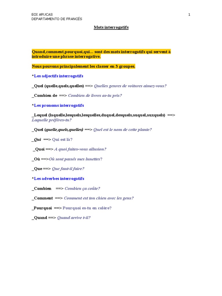 Exercice Cm2 Quels Quel Quelles Qu elle Pdf Exercices Les Mots Interrogatifs PDF | PDF | Question | Sciences cognitives