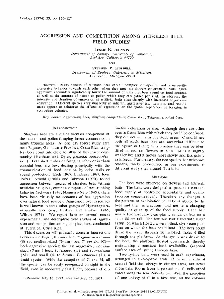 Aggression in Stingless Bees' Foraging | PDF | Foraging | Bees