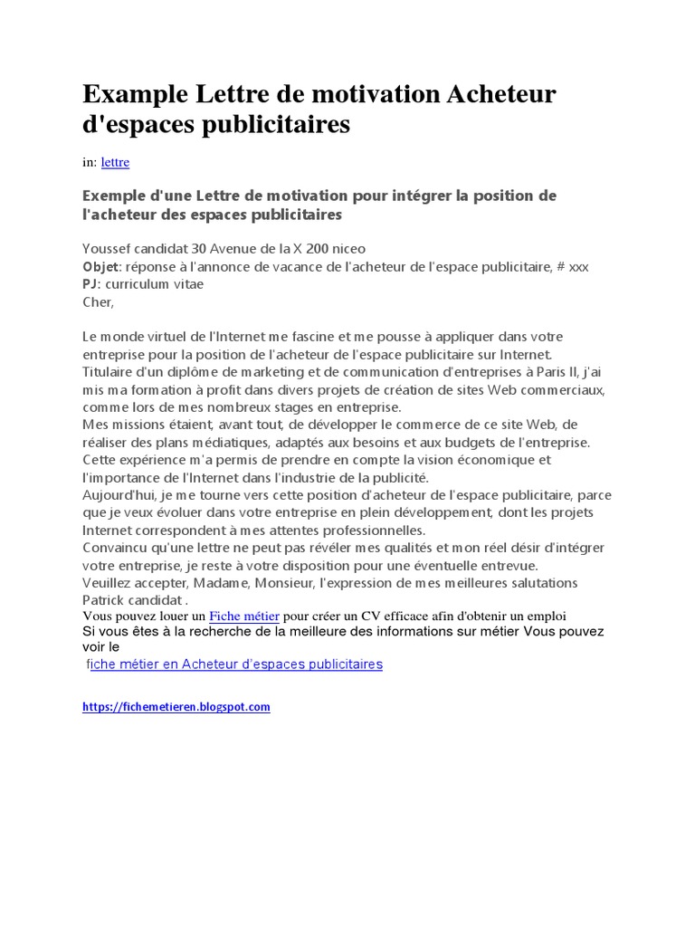 Example Lettre de Motivation Acheteur d'Espaces Publicitaires