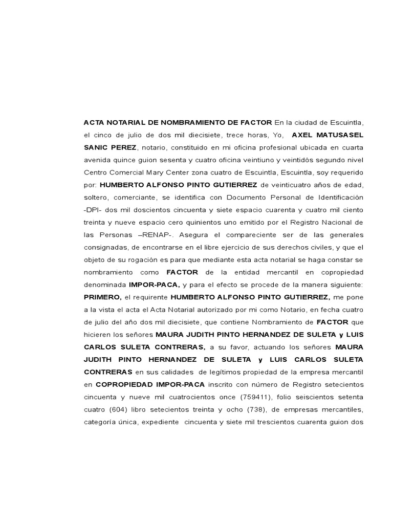 Acta Notarial de Nombramiento de Representante Legal Derecho Civil Law) Información