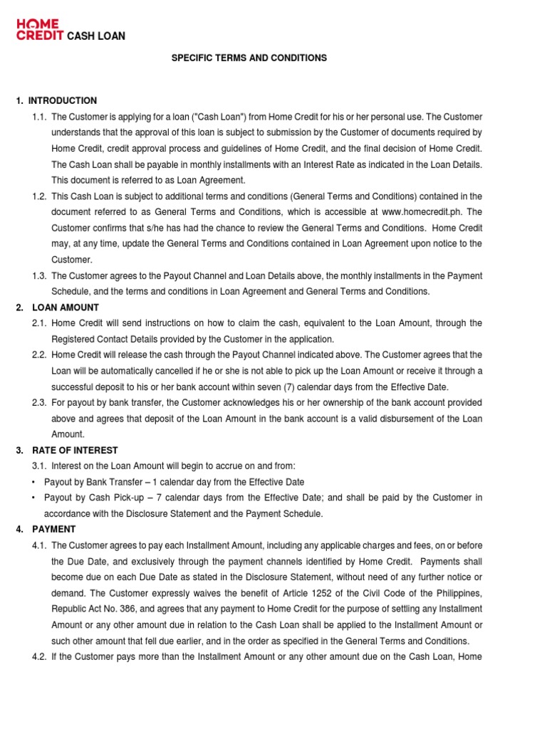 Cash Loan Specific Terms and Conditions PDF | PDF | Loans | Credit 