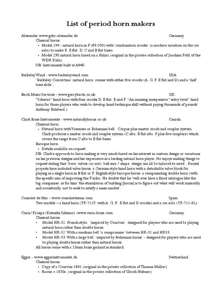 List of Period Horn Makers For HBS PDF French Horn Aerophones