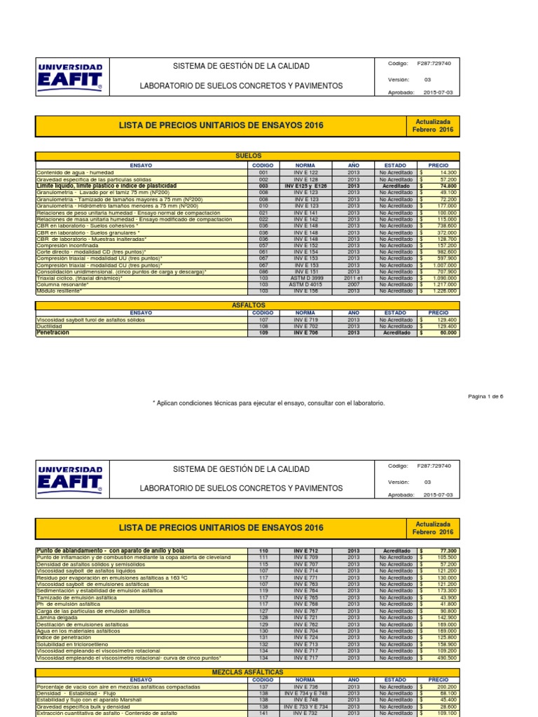 Descargar Lista de Precios Laboratorio Suelos, Concretos y Pavimentos PDF Business