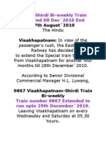 Vizag-Shirdi Bi-weekly Train Extended till Dec`2010 End